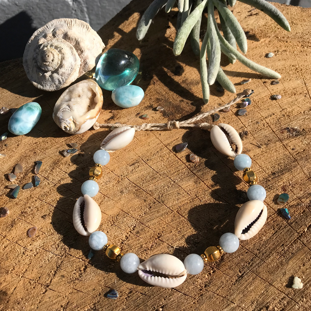 Aquamarine & Cowrie Shell Ocean Anklet