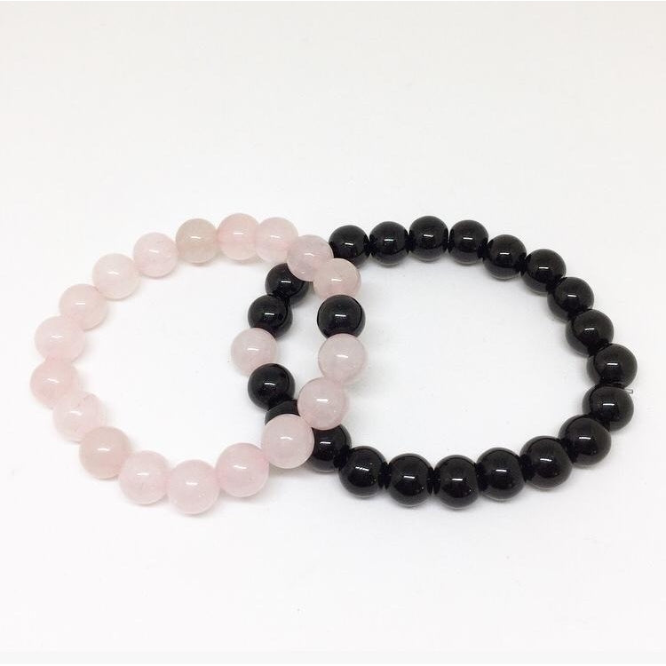 Rose quartz and black onyx lover bracelet set