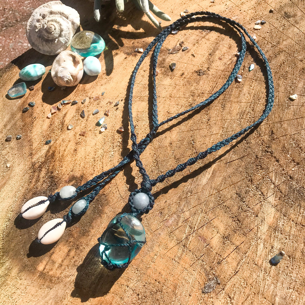 Blue Obsidian & Aquamarine Ocean Pendant (Navy Cord)